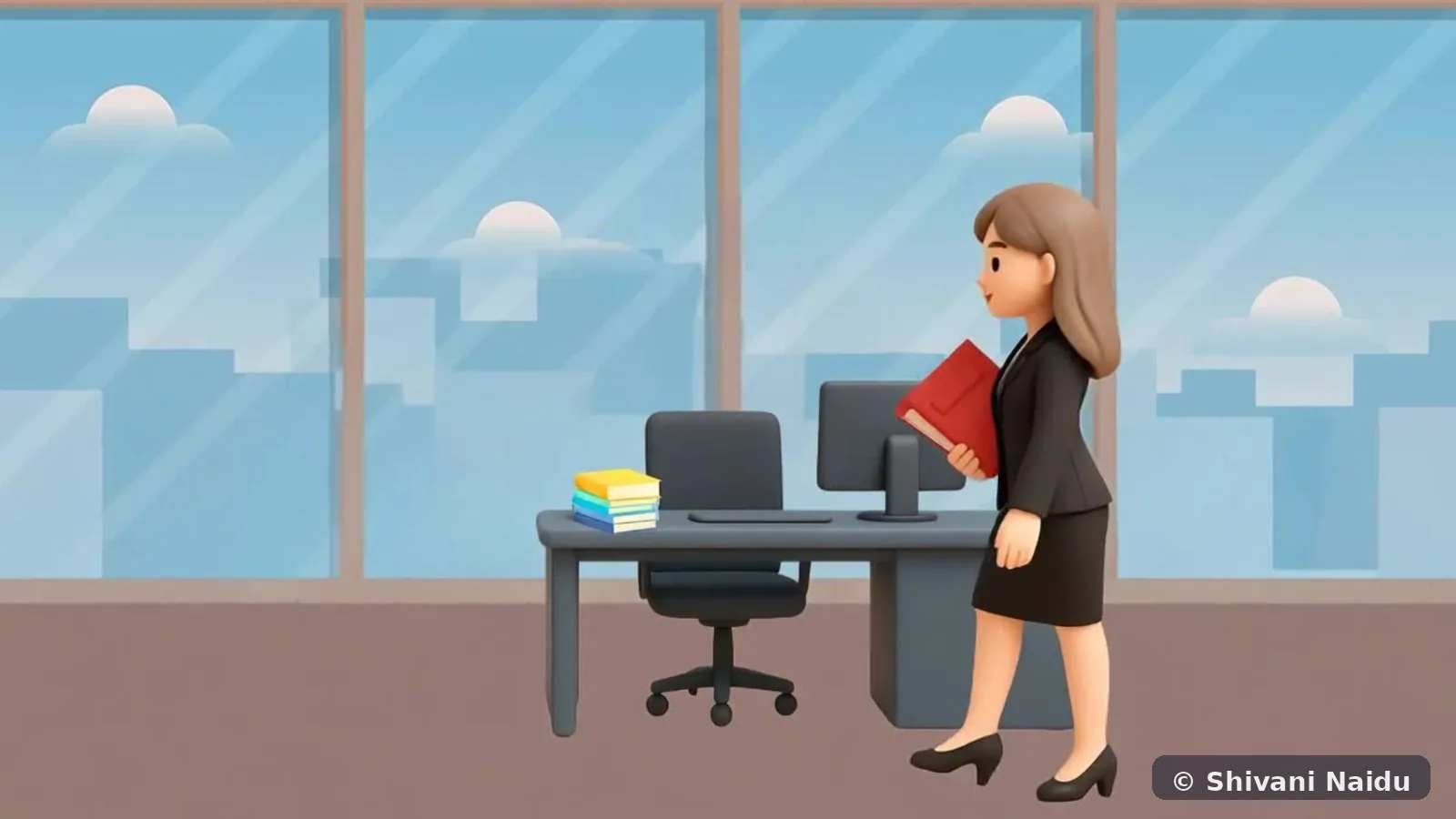 Professional character moving through an office environment