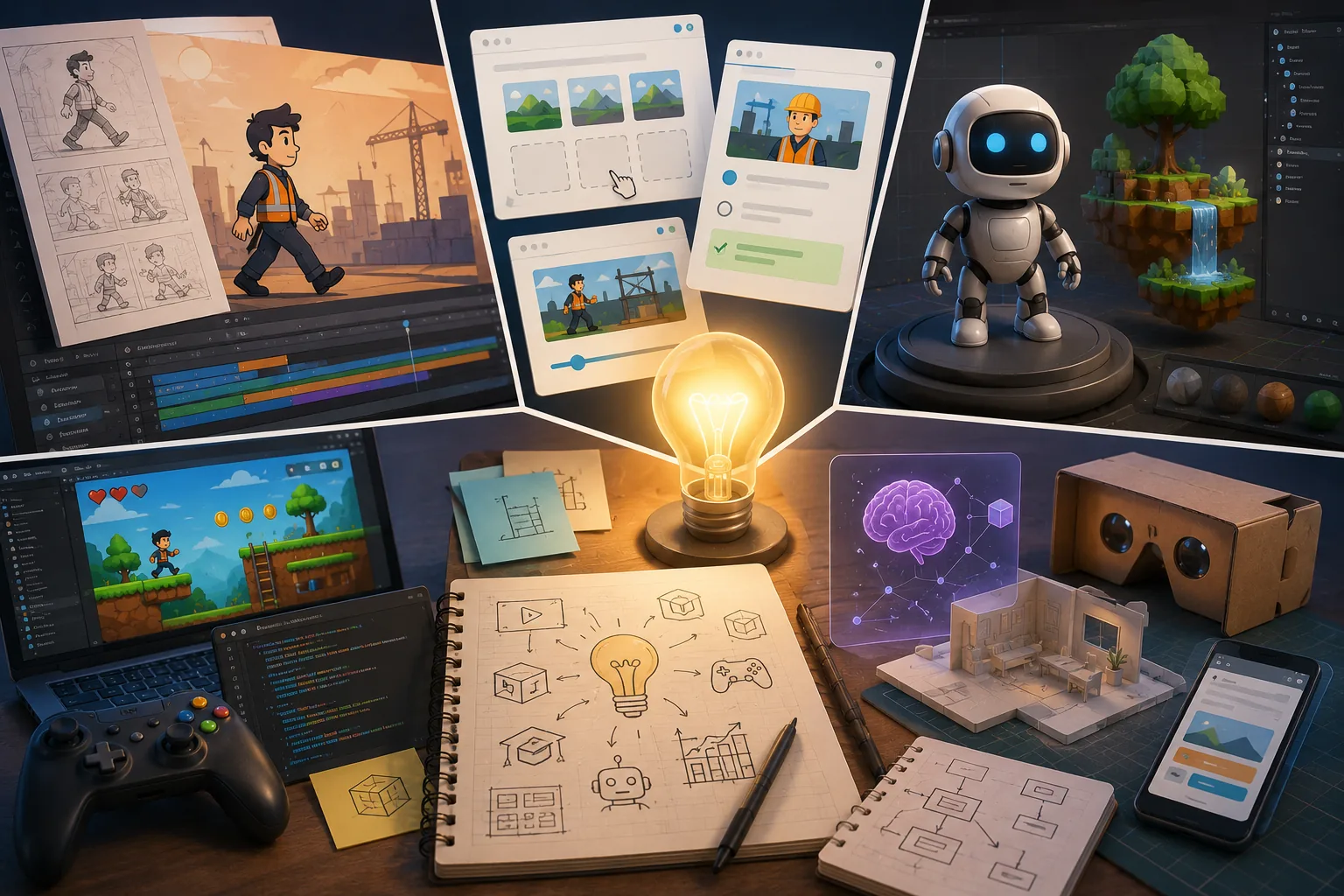 Visual learning design studio banner showing animation, gamification, AI, and learning technology